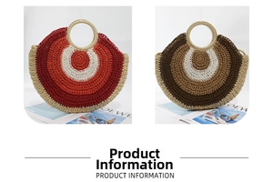 Dual view of round straw woven handbags in gradient colors with circular top handles