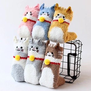 Women Cute Cat Coral Fleece Fuzzy Socks 3D Ears Bell Decoration Warm Winter Home Sleeping Floor Embroidered Animal Socks