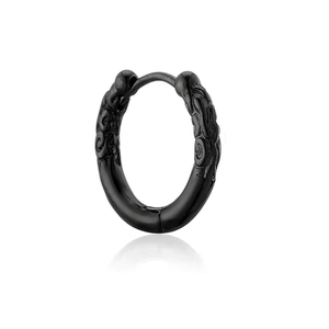 Gothic style black hoop earrings with retro embossed textures on a white background