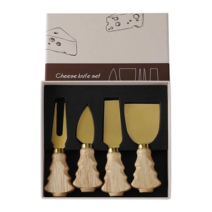 Cheese knife set with golden blades and rubber wood Christmas tree handles in gift box