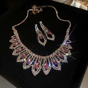Luxury Rhinestone Tassel Necklace And Earrings Purple Zircon Geometric Copper Jewelry For Women Wedding Party