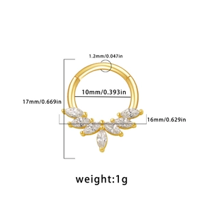 Detail of 10mm gold septum ring with marquise zirconia inlay and dimension specs