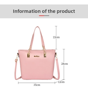 Pink faux leather tote bag detail with gold chain and dimensions 35cm x 28cm x 12cm