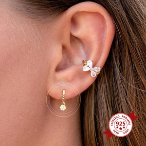 Elegant s925 silver needle gold hoop earrings with butterfly zircon flower charms