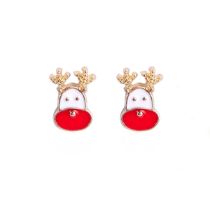 Detailed view of cute Christmas reindeer stud earrings with red nose and gold antlers
