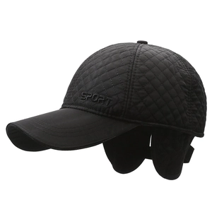 Casquette d'hiver noire matelassée pour homme avec cache-oreilles et broderie