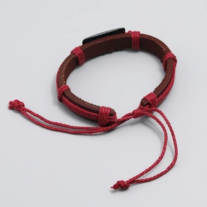 Adjustable brown braided leather bracelet with red cotton cord and black metal plate