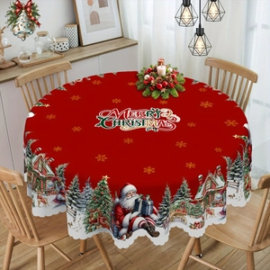 Festive red Christmas tablecloth with Merry Christmas text and winter scenery motifs