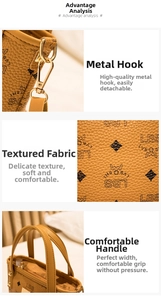 Detail of lychee textured leather tote with monogram print and golden metal hook clasp