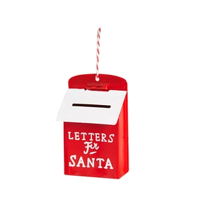 Christmas red metal mailbox ornament with white LETTERS For SANTA text and hanging rope