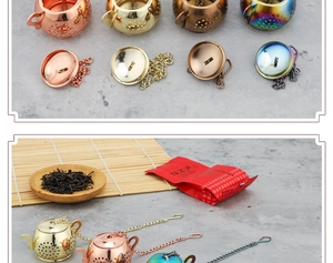 Macro view of 304 stainless steel tea infusers in four metallic finishes with chain