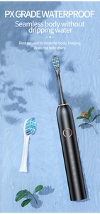 Detail of waterproof electric toothbrush with seamless black body on blue water background