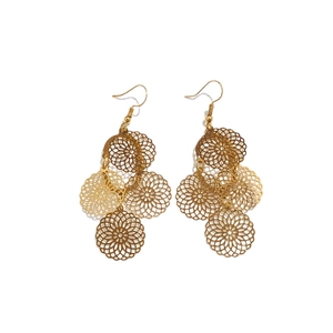 Golden bohemian mandala cutout drop earrings with multilayered floral pendant design