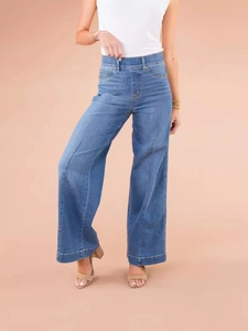 Women's high waist wide leg blue denim jeans with loose straight fit full length view