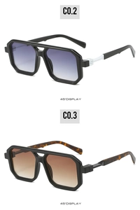 Detailed 45-degree view of square sunglasses with blue and brown gradient lenses