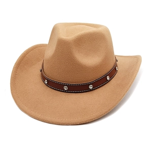 Detail of western cowboy hat with camel wool felt and diamond-studded leather band