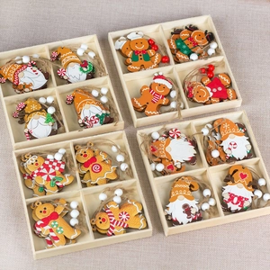 Set of 12 wooden gingerbread and gnome Christmas tree hanging ornaments in wooden boxes