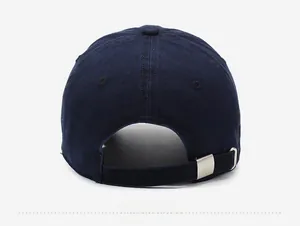 Detail view of the navy cotton baseball cap back with an adjustable metal buckle strap