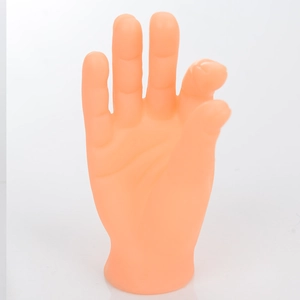 Detailed view of orange rubber finger puppet glove for soothing and massaging cats