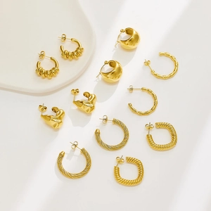 French Vintage Gold Plated Titanium Steel Hoop Earrings Irregular Rope Twist Bamboo Geometric Minimalist Luxury Jewelry