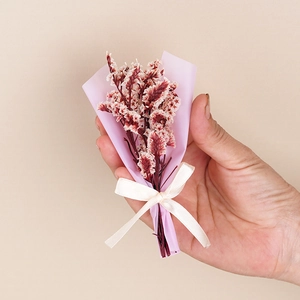 Close-up of mini dried flower bouquet with red and white gypsophila in pink wrap