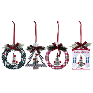 Set of 4 Christmas wooden pendants with red black plaid pattern and pine needles