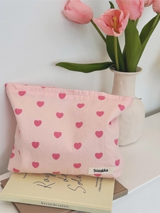 Pink Heart Pattern Canvas Shoulder Bag Cotton Makeup Pouch Sweet Ins Style For Women Daily Commute