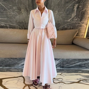 Chemise À Manches Longues En Polyester Rose Pour Femmes Et Jupe Longue Plissée Élégante Sucrée Couleur Unie