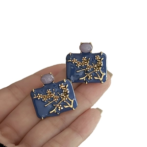 Vintage navy enamel square stud earrings with golden plum blossoms and purple beads