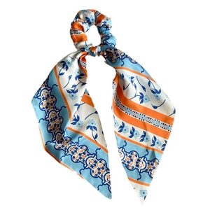 Floral print hair scarf scrunchie with blue and orange ribbons for elegant women styling