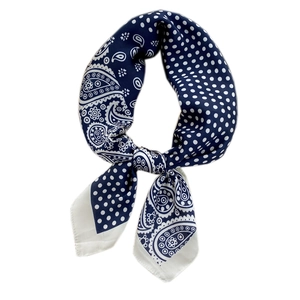 Elegant navy blue square silk scarf featuring white polka dots and classic paisley patterns