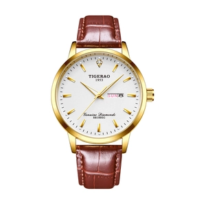 TIGERAO men's automatic watch with gold case, white dial and brown leather strap