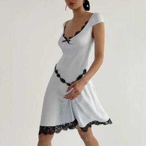 Mini Abito In Satèn Con Spalline Pizzo Nero Fiocco Sexy Aderente Vita Alta Estate Uscita Serale Blu Chiaro Per Donne