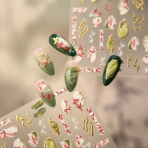 New Chinese style nail stickers with ink bamboo and red floral patterns on green base