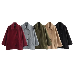 Women's fashionable wool blend short coat with lapel and buttons in five various colors