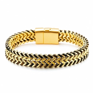 Men's titanium steel bracelet with gold magnetic clasp and black dual-row woven keel chain
