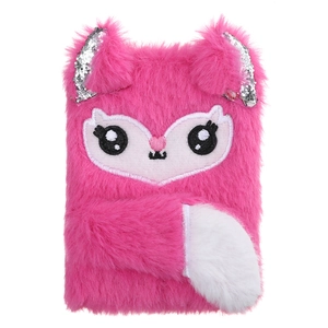 Close-up of pink plush notebook with rabbit ears, sequin details and soft fluffy texture