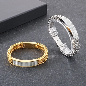 Hip hop stainless steel bracelets with carbon fiber inlay and magnetic clasp in gold and silver