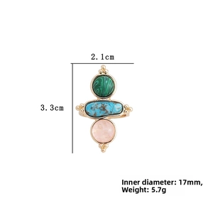 Detailed size specifications for the vintage three-stone ring with gemstone inlays
