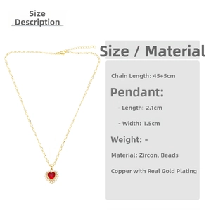 Detailed size chart for heart pendant necklace with red zircon and golden finish