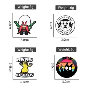 Cartoon enamel pin set with cowboy and duck motifs, showing product sizes and weights