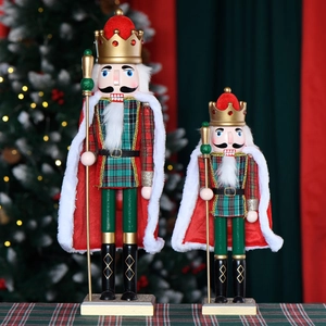 European Nutcracker King Ornament Wooden Soldier With Red Cloak And Green Plaid Suit Gold Crown Christmas Home Decor