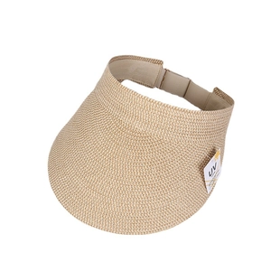 Straw open top sun hat with wide brim and UV protection tag in natural beige finish