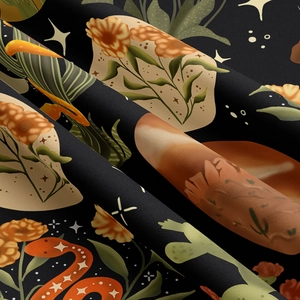 Macro detail of high-quality mushroom tapestry fabric showing retro snake and floral print