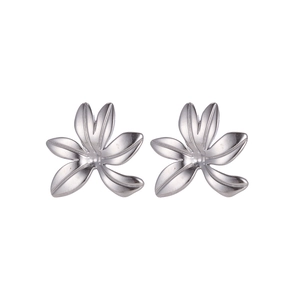 Macro detail of polished silver sunflower pendant earrings in stainless steel finish