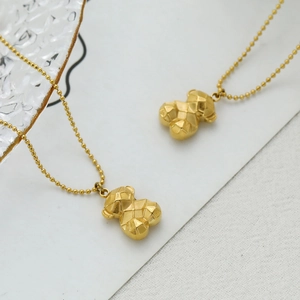 Geometric Faceted Bear Pendant Necklace Titanium Steel Golden Ball Chain Cute Modern Jewelry For Women