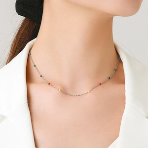S925 sterling silver necklace with colorful rainbow beads shown on a female model