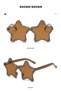 Detail of star-shaped sunglasses with brown lenses and hand-set rhinestones on frame