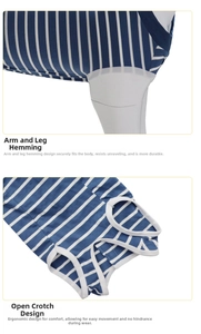 Detailed view of the striped dog recovery suit showing hemmed legs and opening design