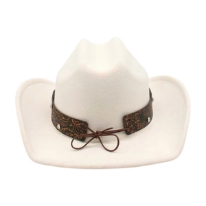 Close-up of beige cowboy hat with brown ethnic pattern band and metal rivets detail